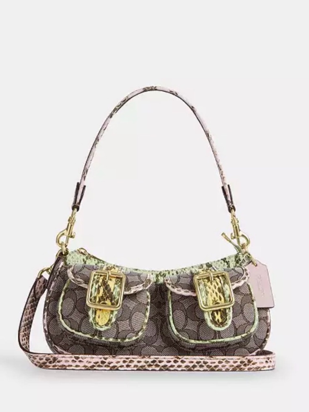 Coach Ashton Brown Signature Shoulder Bag with Pink & Green Accents